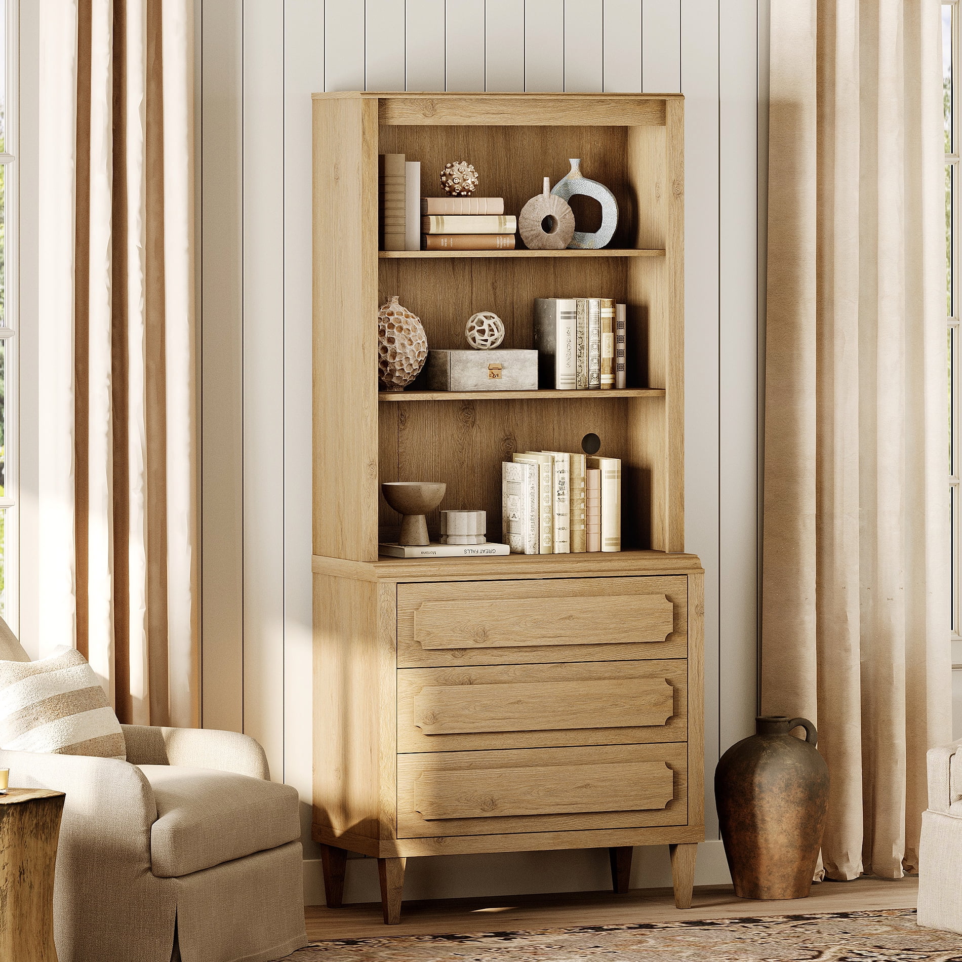 Tall Bookshelf with Drawers, 72.8 Inch Vintage Wood Bookcase with Storage