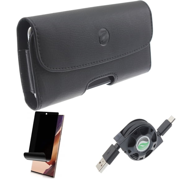 USB Cable & Case Belt Clip & Privacy Screen Protector for Samsung Galaxy Note 20 Ultra (6.9") - Combo with Retractable Type-C & Leather Holster & TPU Film Anti-Peep