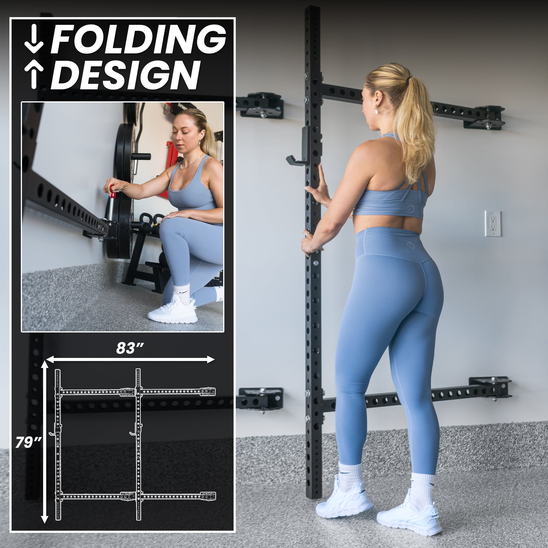 Synergee 2200 Series Folding 79" by 41” Squat Rack with J-Cups & Adjustable Pull Up Bar. Exercise Stand with 750lb Capacity. Power Cage