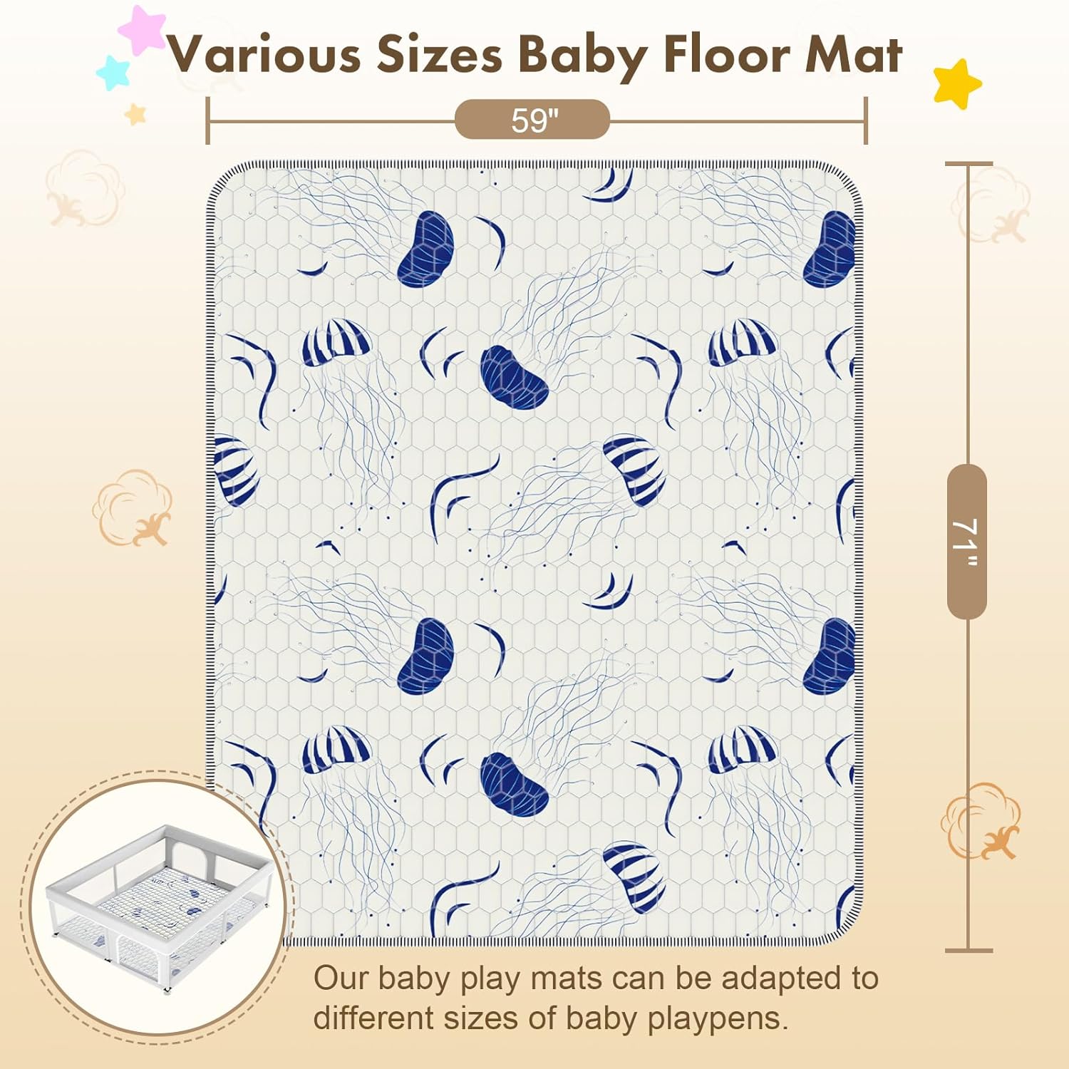 Baby Play Mat for Floor, Non-Slip Safe Extra Large Mat for Toddlers, Fit 71"x59" Playpen, Jellyfish Printed Pattern