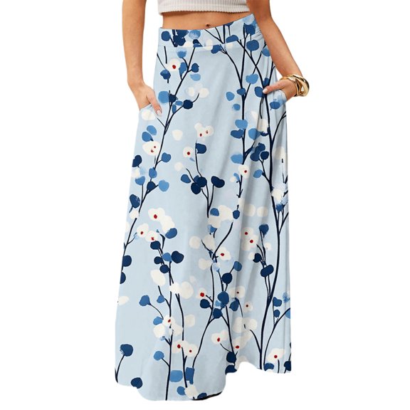 LWavelet Leaf Print Maxi Skirt with Side Pockets Women Trendy Fall Casual Flowy Versatile Bottoms Light Blue 2XL