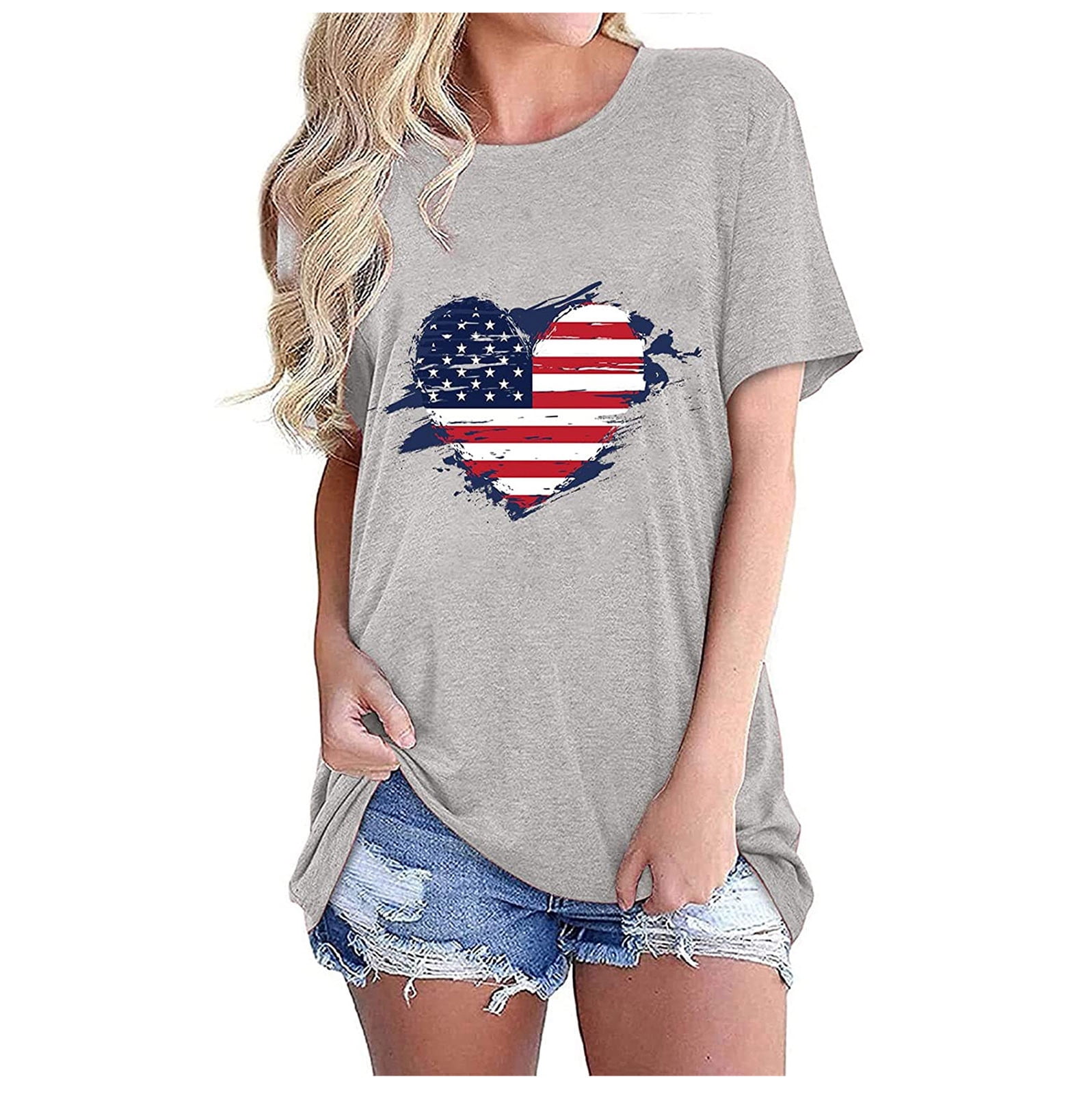 Tees for Womens Casual Crewneck Loose Tshirts American Flag Tunic 4th of July Short Sleeve Tops 