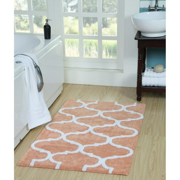 Saffron Fabs  Bath Rug, Cotton, Non-Skid, Geometric, Machine Washable Coral/White 21 x 34