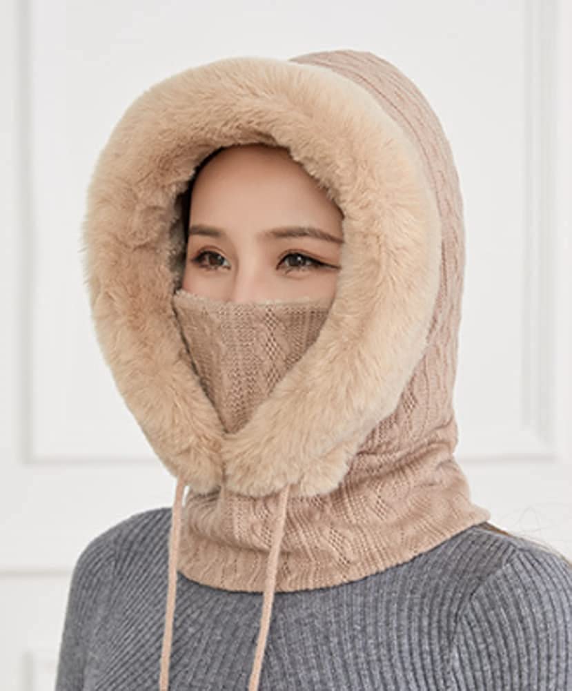 CoCopeaunts Women Winter Fleece Beanie Hat One-Piece Drawstring Knit Beanie Hats Scarf Mask Ski Snow Skull Hat Cap
