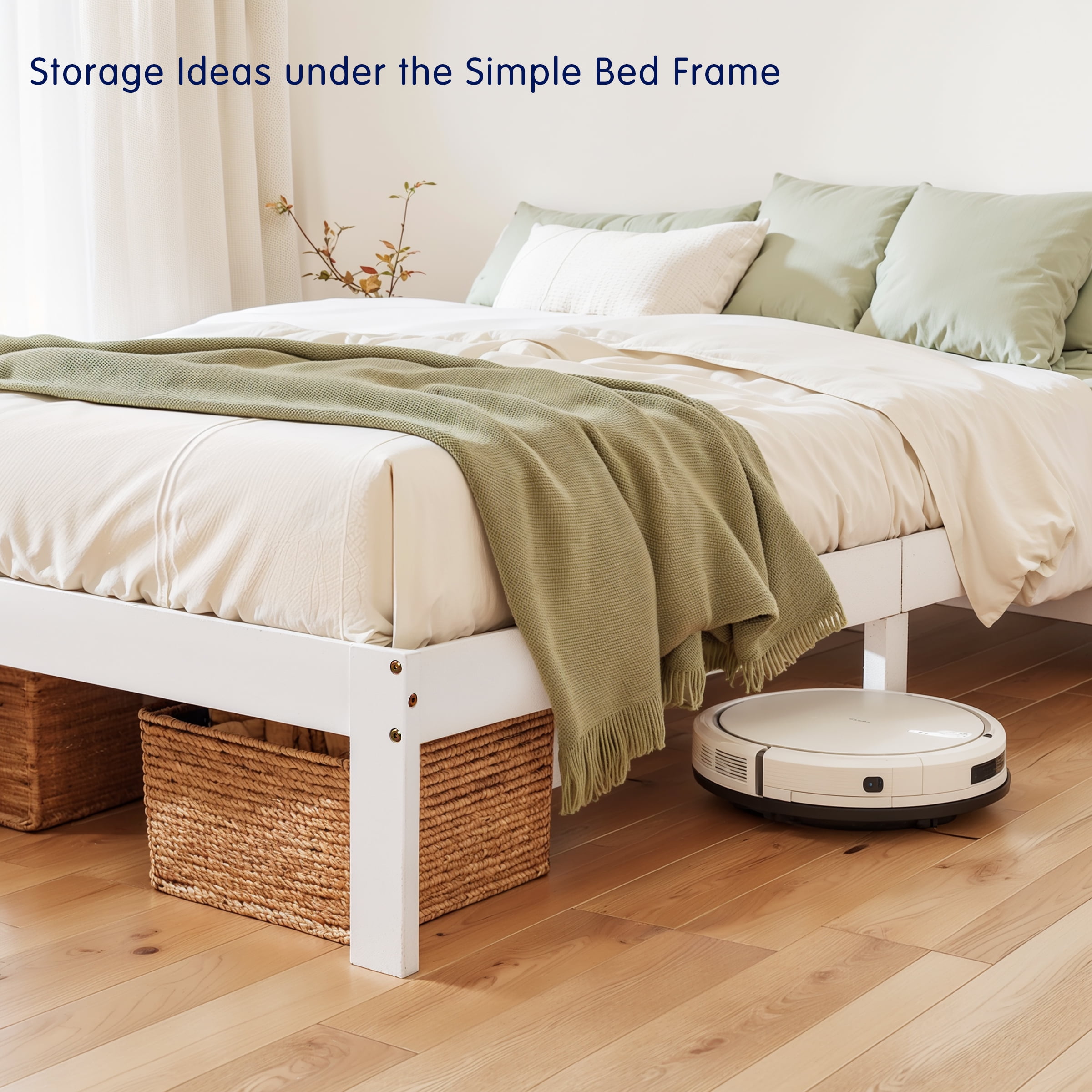 King Size Bed Frame, Solid Wood Platform with Wood Slat Support, No Box Spring Needed, White