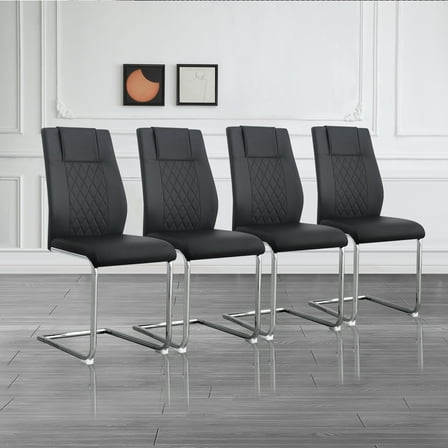 Modern Dining Chairs With Faux Leather Padded Seat Upholstered Chair With Metal Legs Design For Kitchen, Living, Bedroom, Dining Room Side Chairs Set Of 4 (Black PU Leather)
