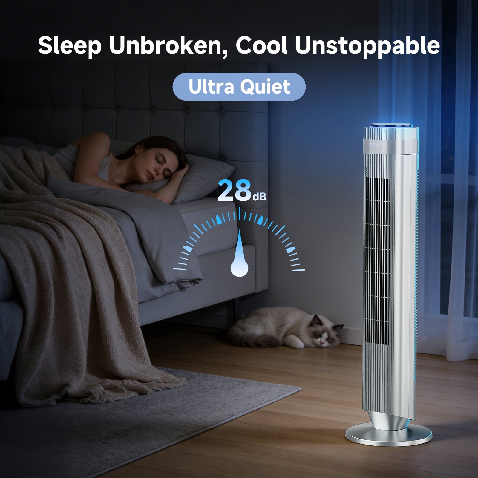 JIOABL Bladeless Tower Fan: 5 Speed Settings, 4 Modes, 25Ft/s Breeze, & Customizable Timer for Peaceful Sleep & Optimal Airflow, Silver