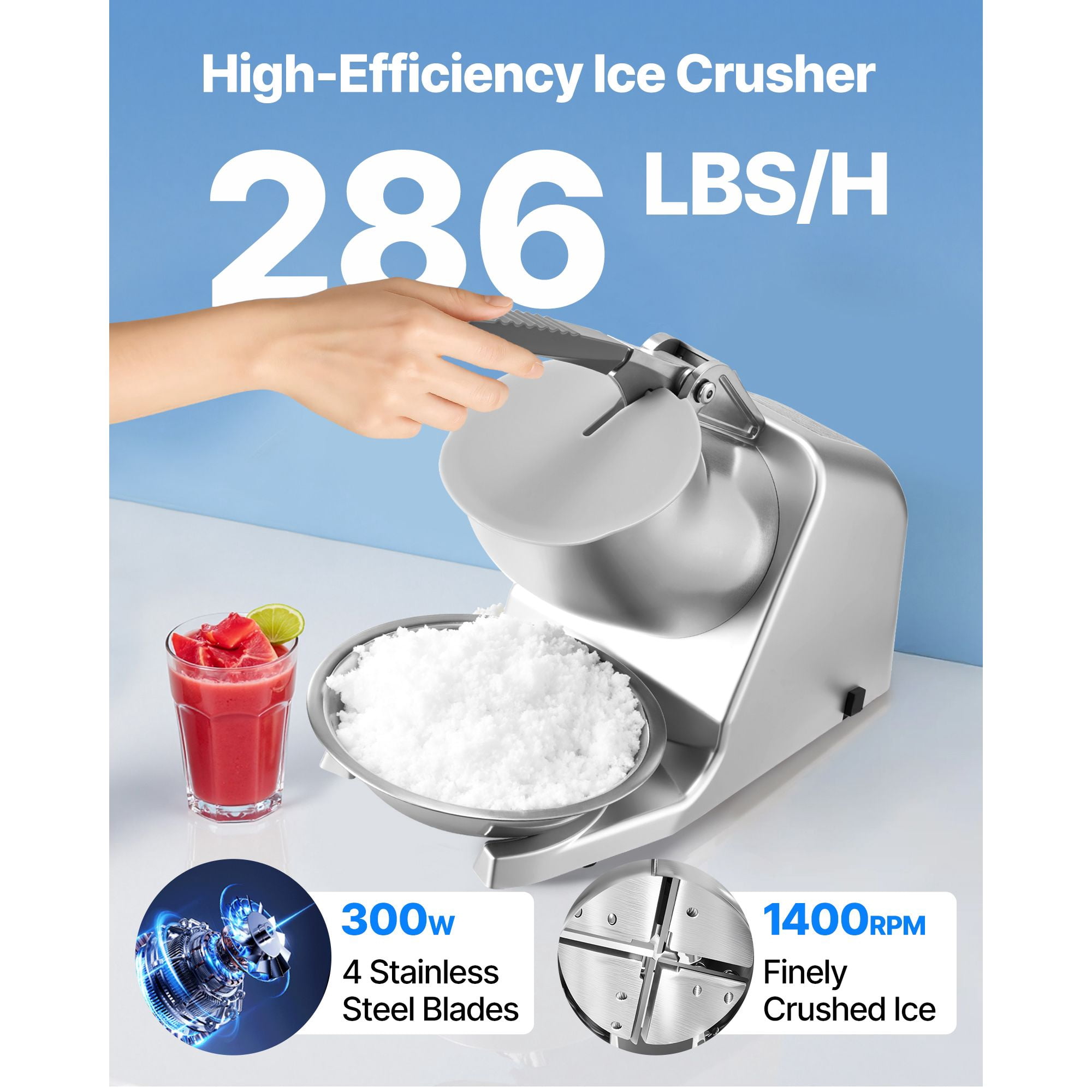 Ice Crusher Machine 286 lbs/h, 300W, 4 Stainless Steel Blades, 2000 RPM, for Home Commercial Shaved Ice Snow Cones
