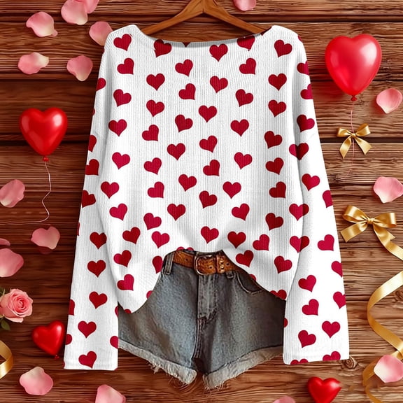 Winter Sweaters For Women Funny Heart Printed Casual Cute Crew Neck Sweatshirt Loose Fit Soft Warm Knit Holiday Jumper Tops White L