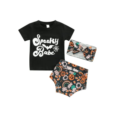 

3Pcs Toddler Baby Girls Boys Halloween Outfit Spooky Babe Print Short Sleeve T-Shirt Top Pumpkin Bloomers Shorts with Headband