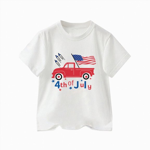 Xudanell Shirts for Teen Boys Crewneck Cotton Short Sleeve Toddler Boys 4th of July Tops Flag Graphic Tee Patriotic Truck Print for Independence White 4-5 Years