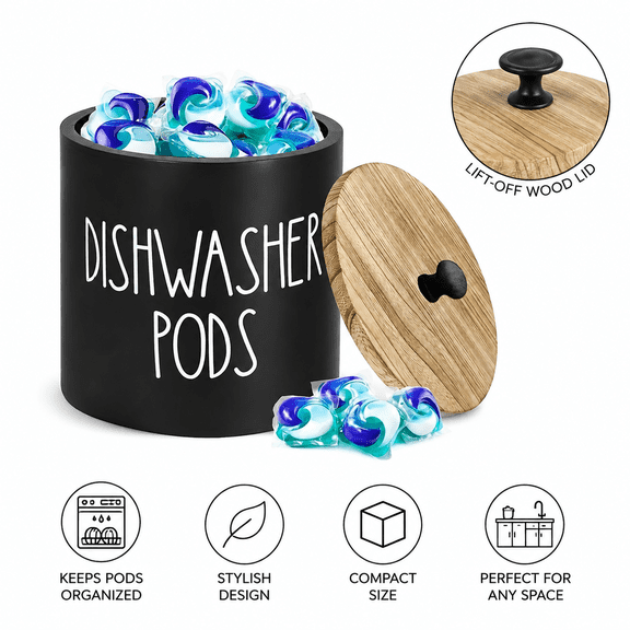 Dishwasher Pod Storage Container Holder with Wood Lid Stylish Dishwasher Tablet Container, Black