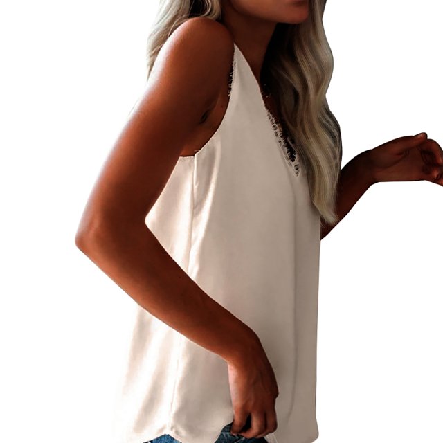 Qarigey Blusa de color sólido sin mangas con cuello en V y empalme de encaje para mujer Prendas para la parte del cuerpo albaricoque S Qarigey AP001334-06