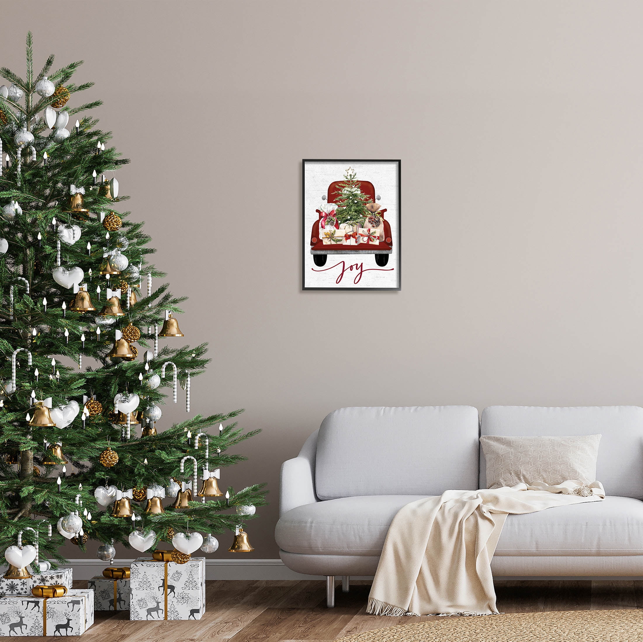 Stupell Industries Joy Holiday Red Gift Truck Graphic Art Black Framed Art Print Wall Art, Design by Lettered and Lined