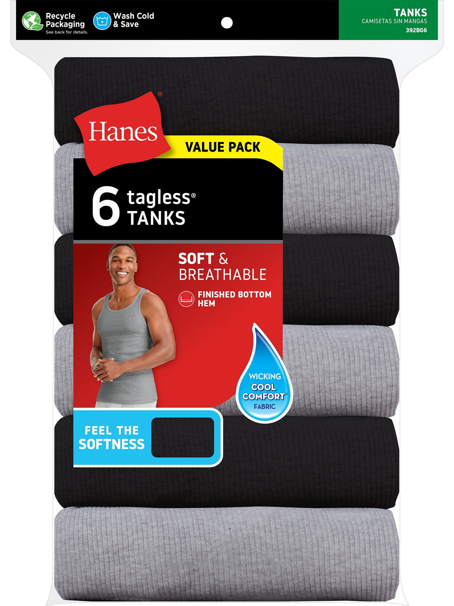 Hanes Men's Value Pack Black/Grey Tank Undershirts, 6 Pack