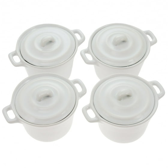 4 Ramekin Mini Casserole Dish Set w/ Lid White 4oz Oven Safe Ceramic