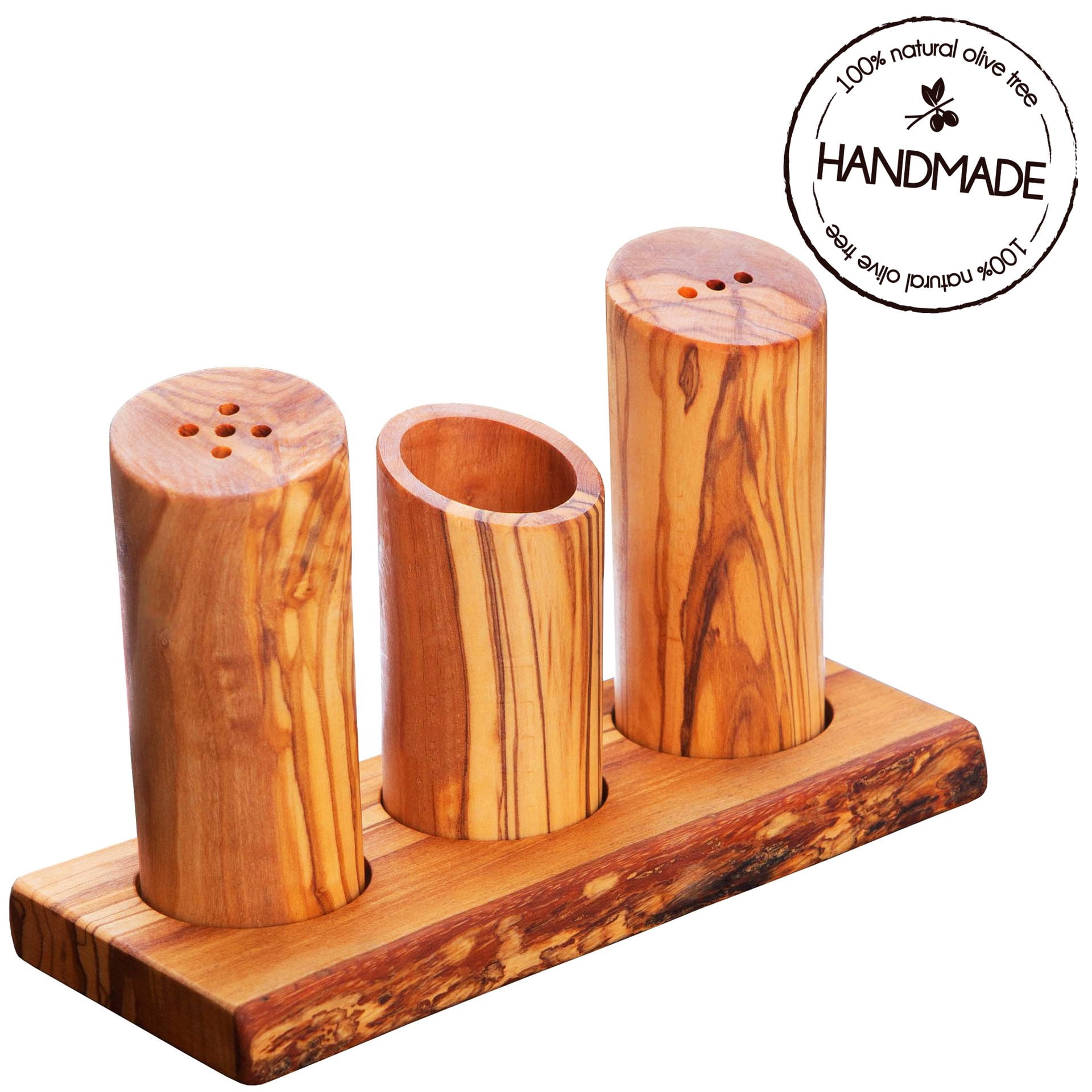Olive Wood Set, Salt & Pepper Shaker with Toothpick Holder