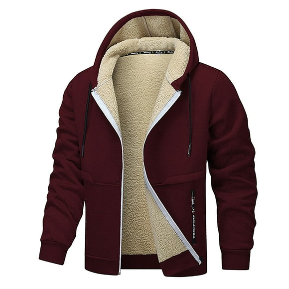 aohooy Hoodies for Men Full Zip Heavyweight Fleece Sherpa Lined Sweatshirt Winter Warm Jacket Casual Work Coat with Zipper Pocket Wine,L