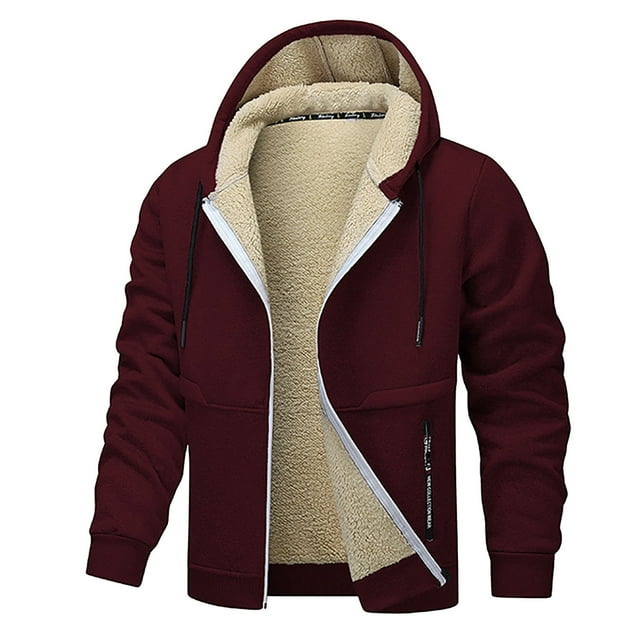 Jackets for Men, Jacket for Men, Mens Warm Solid Color Thick Zipper Pocket Drawstring Long Sleeved Hooded Casual Jacket
