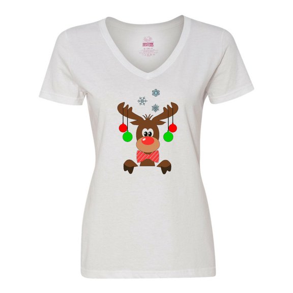 Inktastic Cute Christmas Reindeer with Red Nose, Ornaments and Bow Tie Women's V-Neck T-Shirt