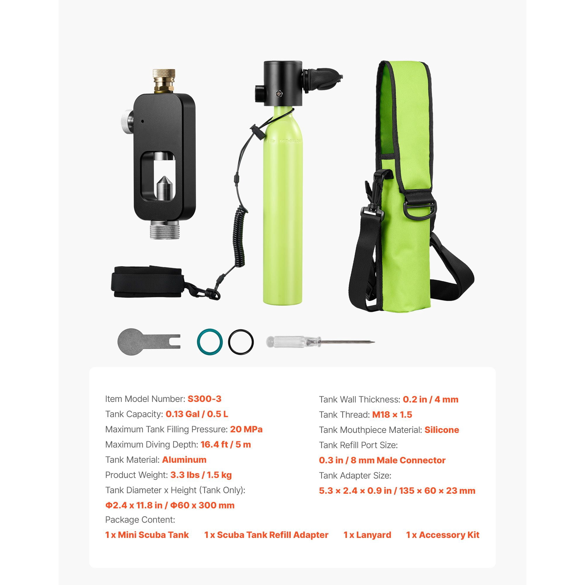 Mini Scuba Tank 0.5L Aviation Aluminum 20MPa with Regulator Refill Adapter Lanyard for Snorkeling Diving
