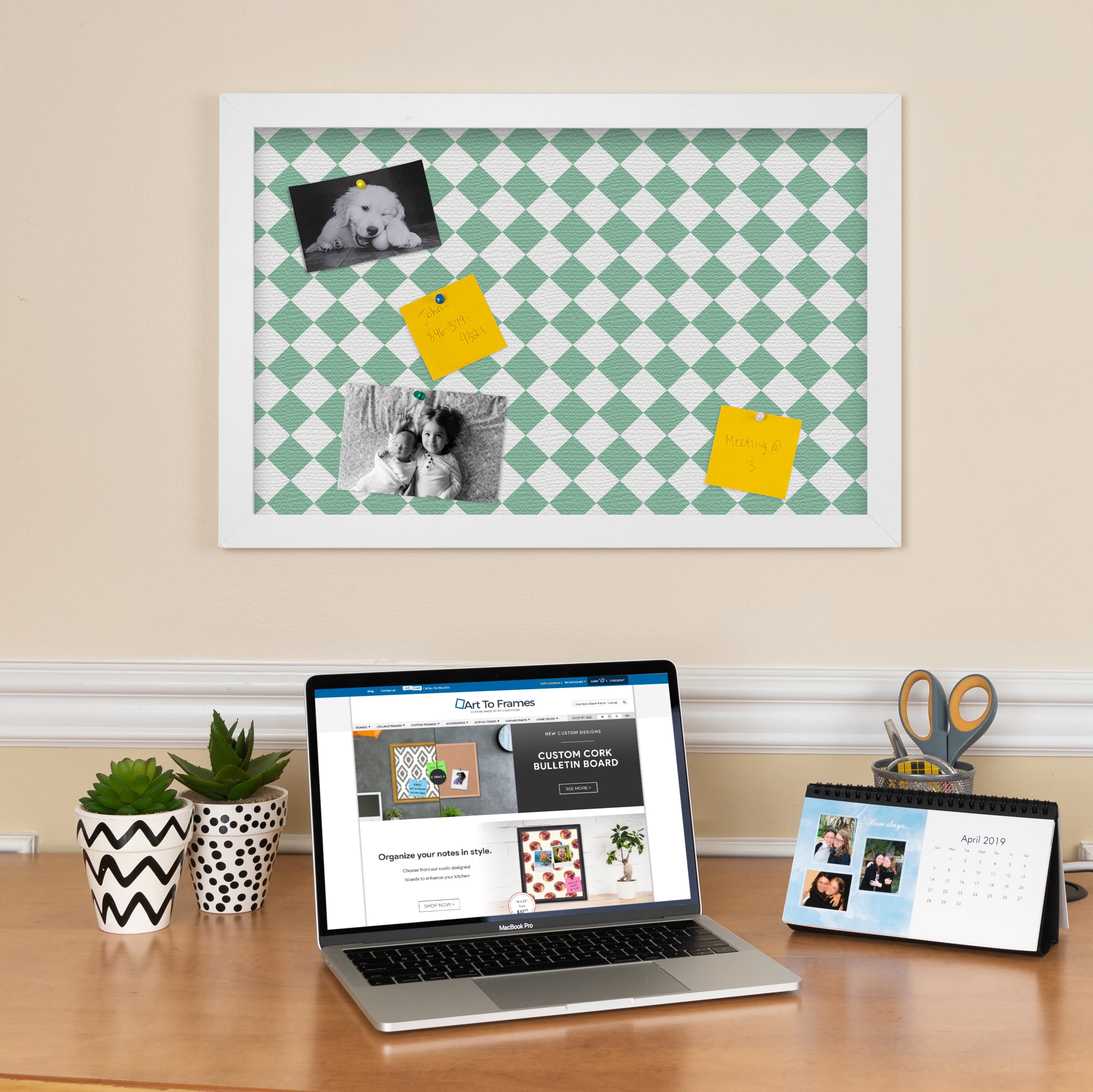 PinPix 16x12 Custom Cork Bulletin Board Green - White Diamond Poster Board Has a Fabric Style Canvas Finish, Framed in Green - White Diamond, by ArtToFrames (PinPix-330)