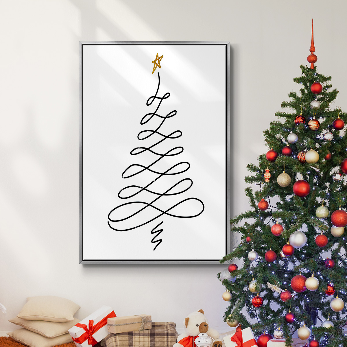 Christmas Tree III - Framed Gallery Wrapped Holiday Canvas - 17 x 25 - Silver Frame