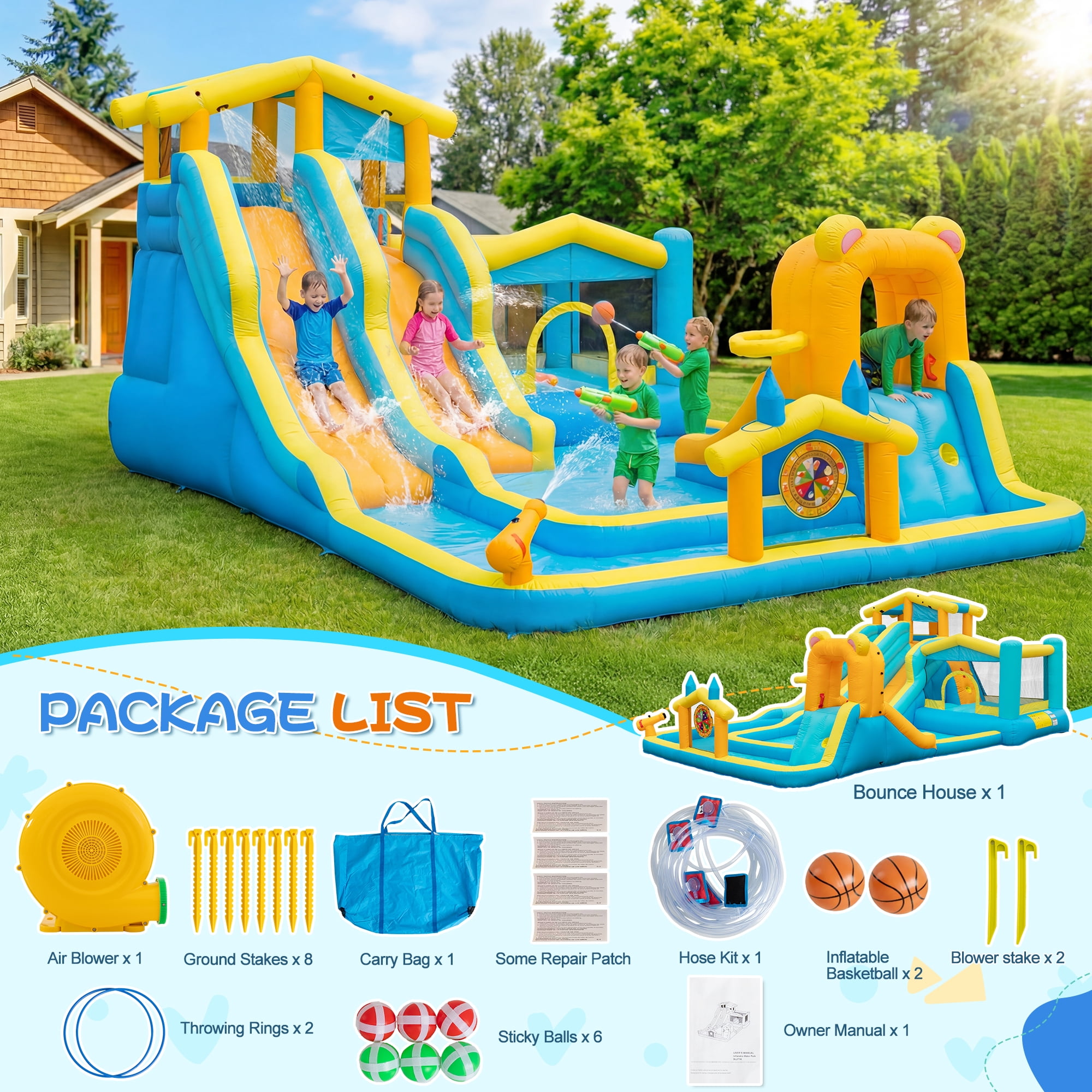 Eclife Inflatable Bounce House Water Slide with Blower, Backyard Water Park Combo with Slides, Splash Pool, Climbing Wall, Obstacle Course, Jumping Area for Indoor Outdoor