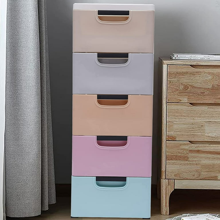 Miumaeov 5 Drawers Plastic Storage Cabinet, Closet Drawers Tall Dresser Organizer for Clothes, Playroom, Bedroom, Stackable Vertical Clothes Storage