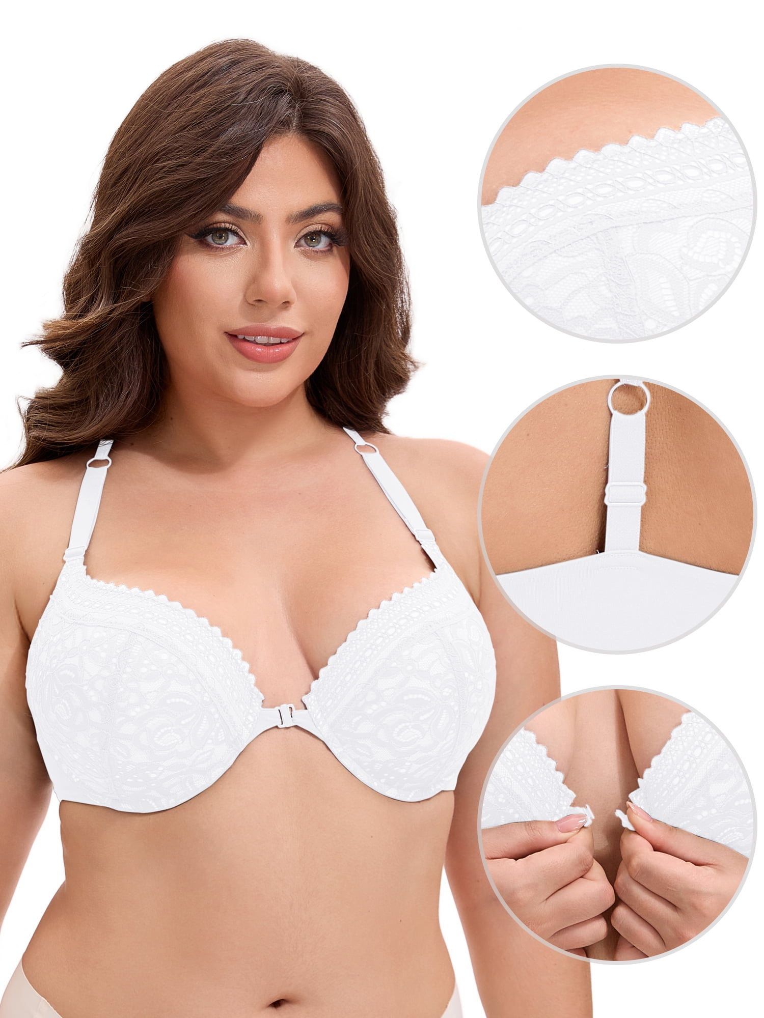 Unique Bargains Women's Lace Front Closure Push Up Underwire Bras White 46 C