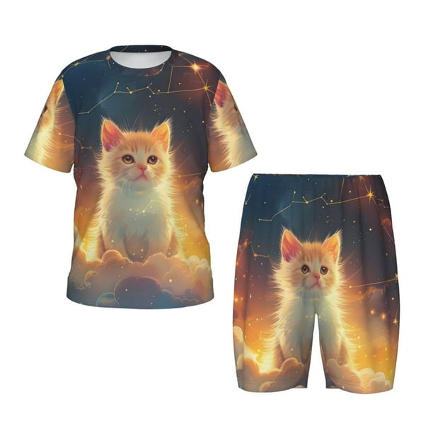 Fotbe Starry Sky Constellation Cat Pijama Estampada de 2 Piezas para Niños – Ropa de Dormir de Manga Corta Cómoda para Niños y Niñas, Camiseta y Shorts de Algodón-Small