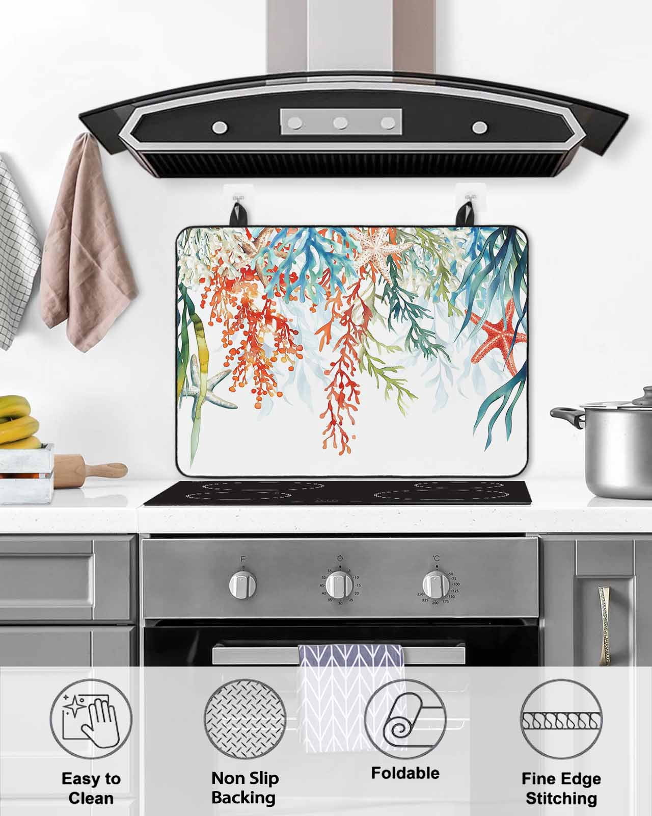 nqOlkjepod Large Induction Cooktop Protector Mat 36"x21", Coastal Ocean Stove Top Covers for Electric Stove, Summer Beach Coral Starfish Seagrass Stove Burner Cover Mats, Glass Top Stove Cover