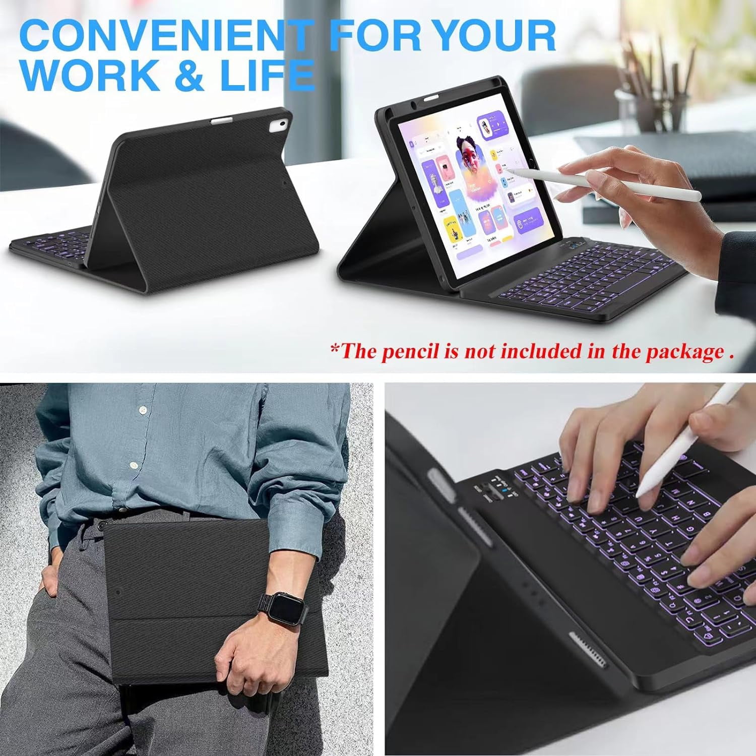 Vinci iPad 9th/8th/7th Generation Keyboard Case 10.2 inch 2021/2020/2019, iPad Pro 10.5-inch Case with Keyboard,iPad Air 3 2019, 7 Color Backlit Removable Wireless Folio Keyboard Tablet Cover(Black)