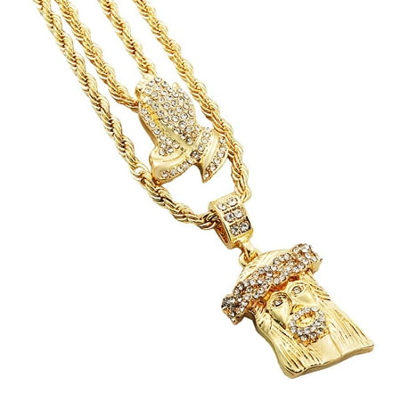 Jesus Piece Pendants Gold-Tone Men's Iced Out Hip Hop Bling 2 piece Pendant Praying Hands Cuban Jesus 4mm Rope Chain Set ()