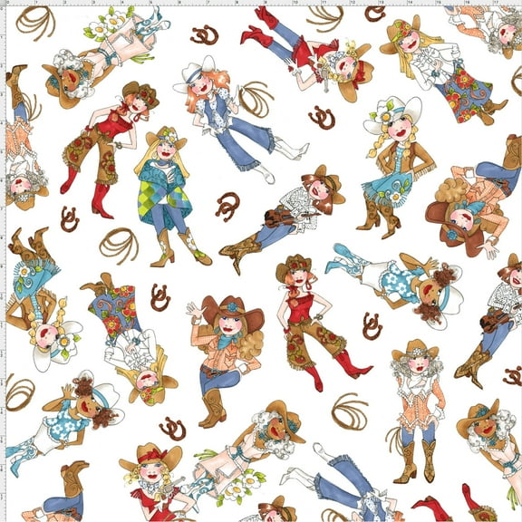 Tossed Cowgirls White Fabric Yard