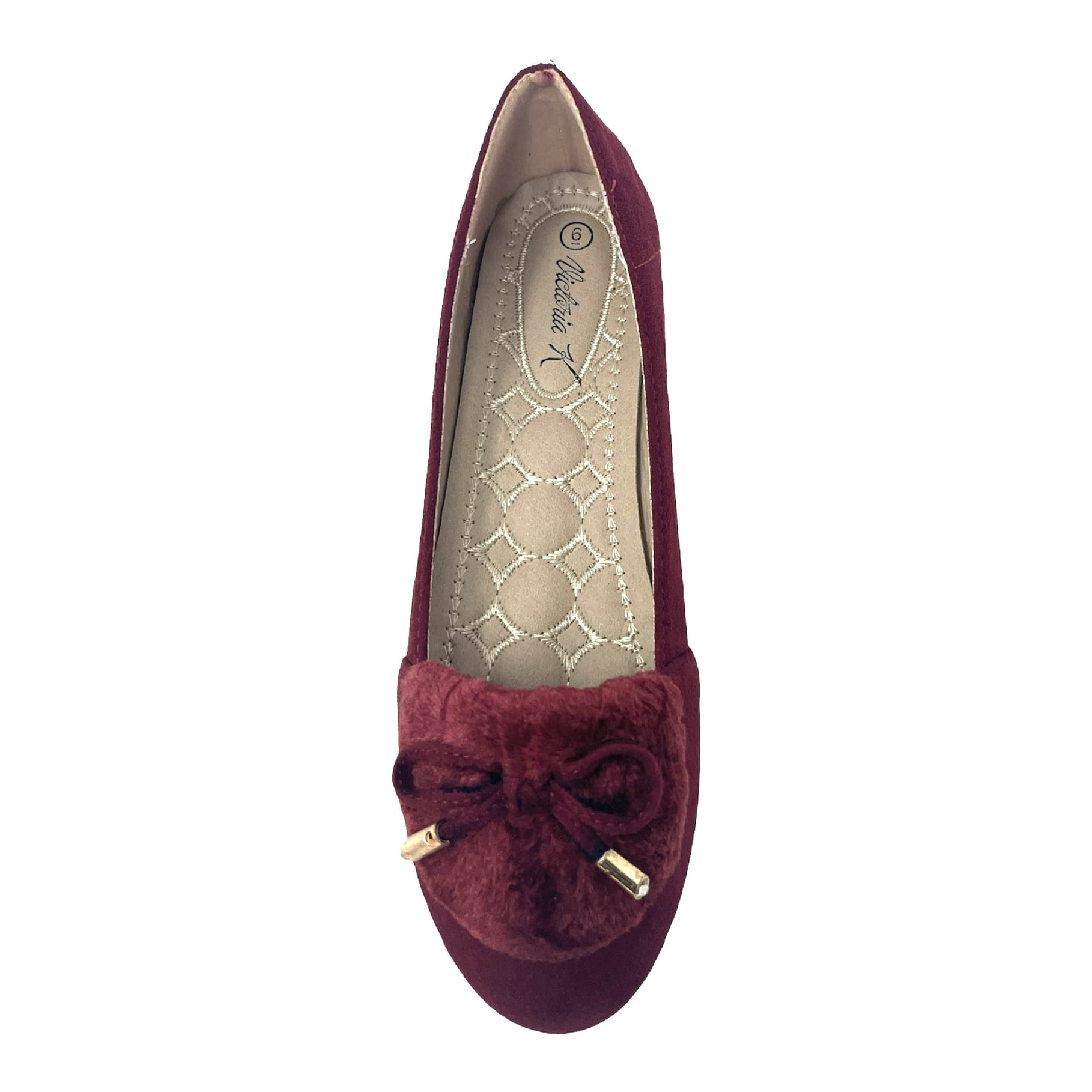 Victoria K Women's Soft Textured Material With Faux Fur Ornament And Gold Tip Bow Ballerina Flats
