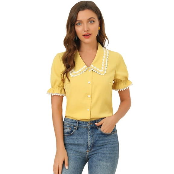 Unique Bargains Women's Sweet Peter Pan Contrast Collar Short Sleeves Blouse Yellow S