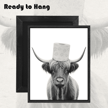 Funny Highland Cow Bathroom Wall Art Framed Black and White Rustic Cute Bathroom Canvas Prints for Bathroom Restroom Decor 8x10inx6pcs (Framed)