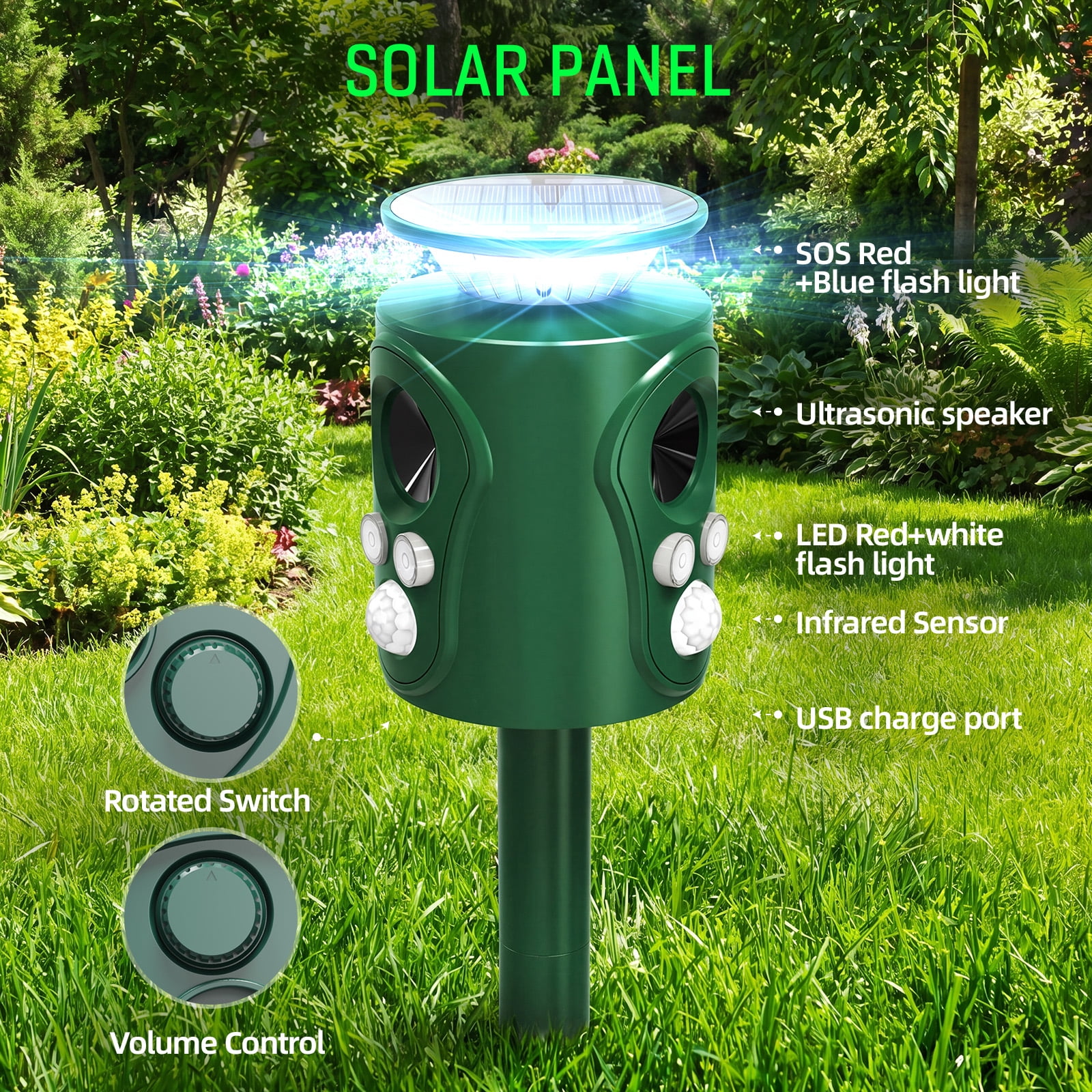 SUGIFT Solar Ultrasonic Cat Repellent Outdoor with Motion Sensor and Waterproof Design for Yard and Garden as a Humane Animal Repellent Outdoor, White