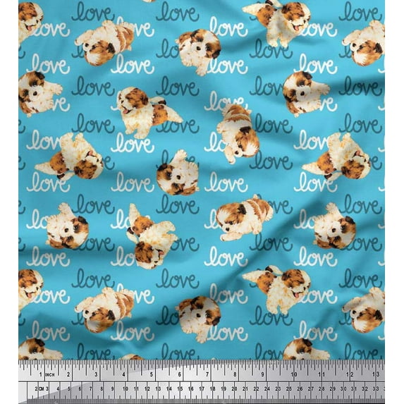 Soimoi Moss Georgette Fabric Love Text & Puppies Dog Printed Craft Fabric by the Yard 42 Inch Wide