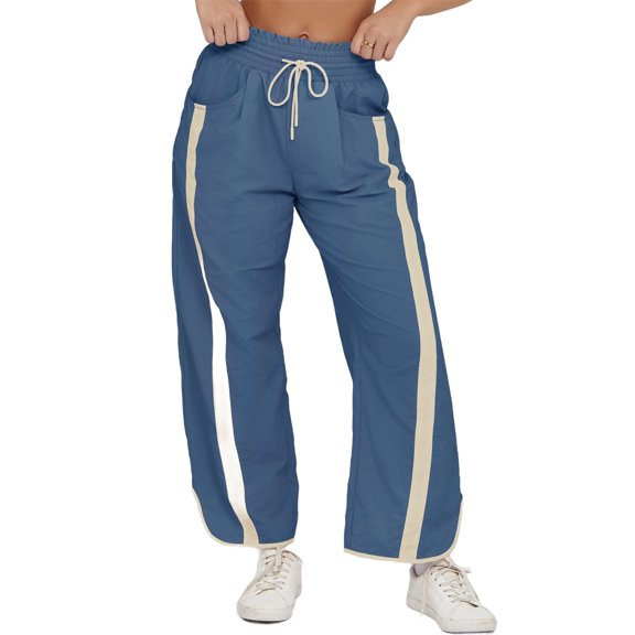 Women's Baggy Wide Leg Pants Casual Drawstring Elastic Waisted Contrast Color Workout Y2K Track Pants