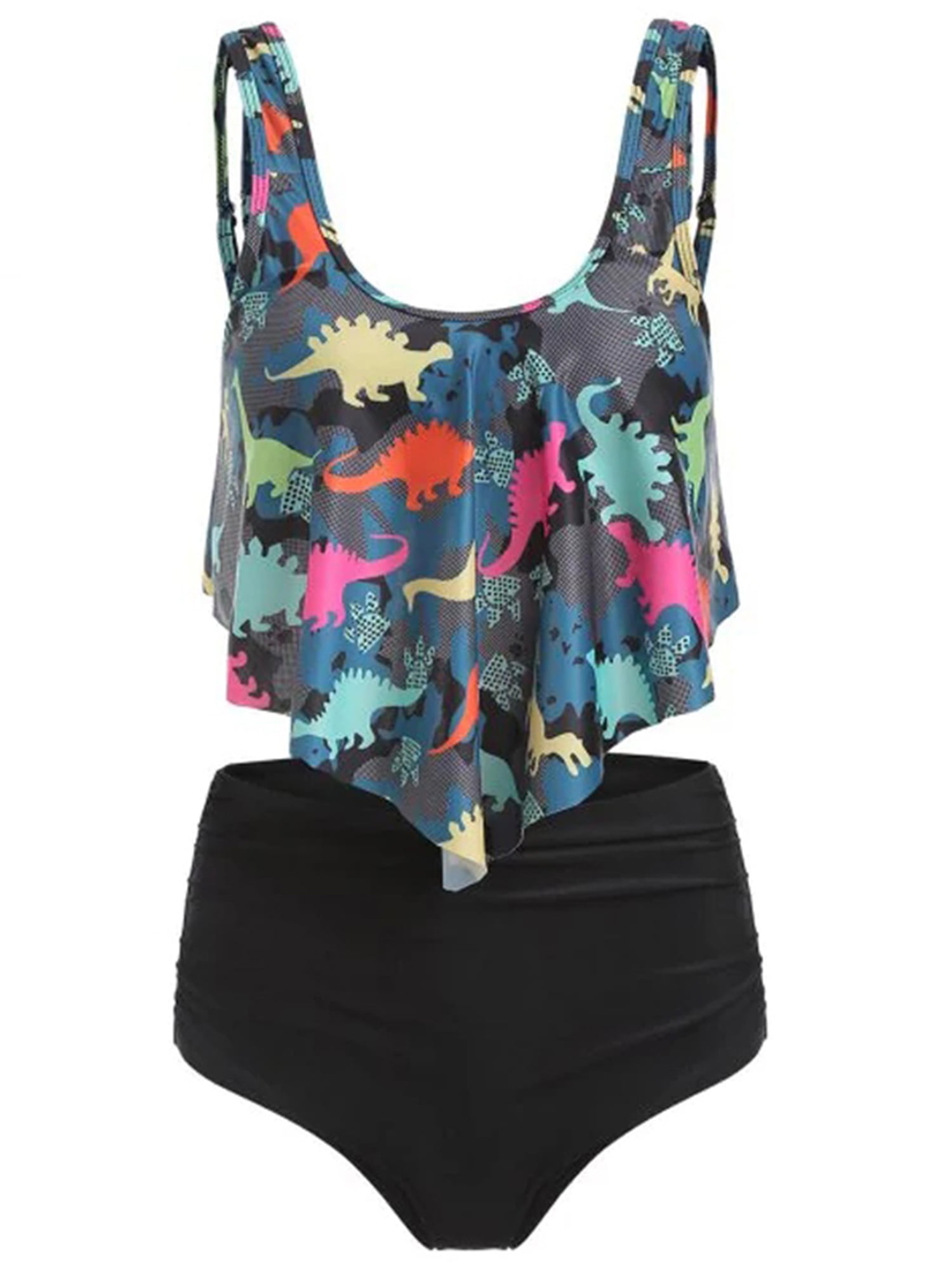 Lallc Women 2Pcs Padded Ruffle Strappy Crop Tops High Waist Bikini