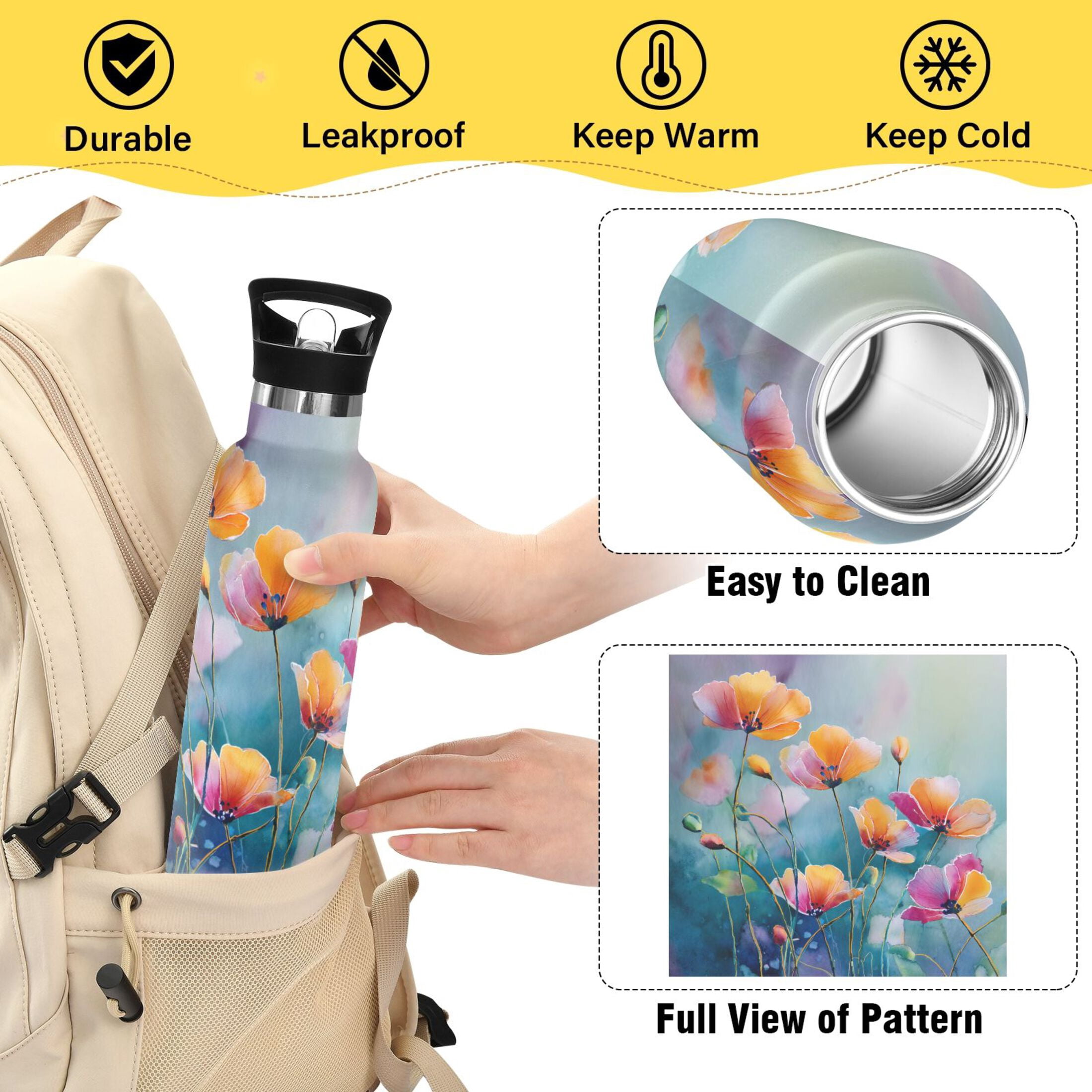 Kids Insulated Stainless Steel Sports Water Bottle 600ml (20oz) Watercolor Wildflowers Painting