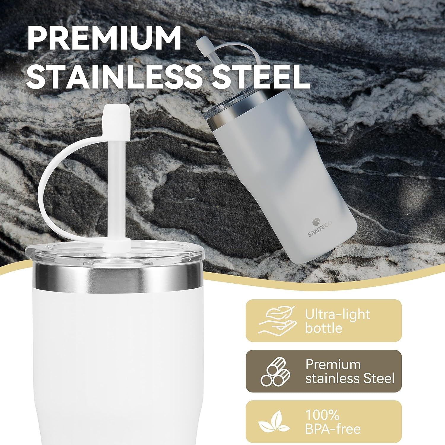 SANTECO Nora Thermal Tumbler, 10 oz, Stainless Steel, Vacuum Insulated, Milk White