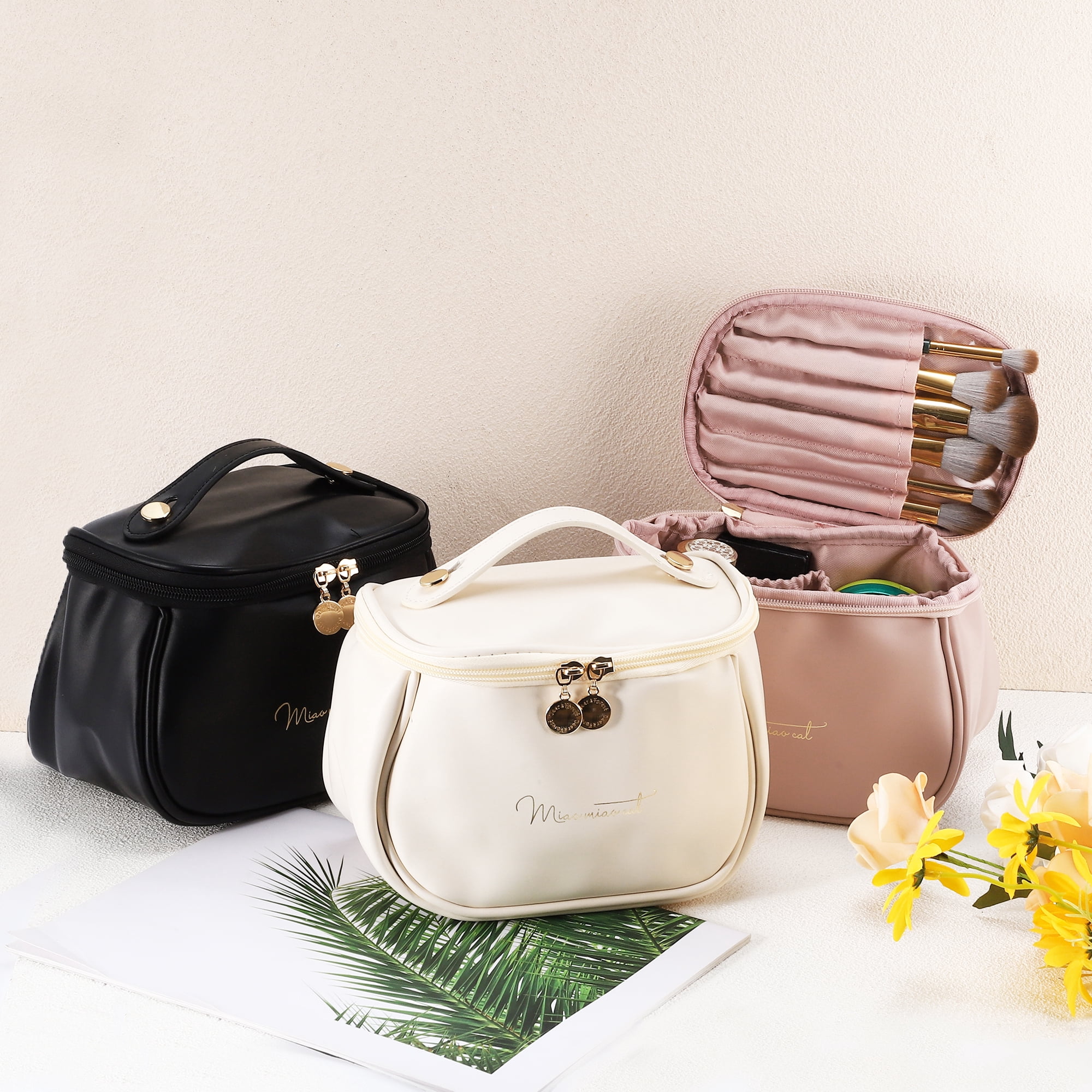 Unique Bargains PU Leather Travel Cosmetic Waterproof Durable Bag for Toiletry Black