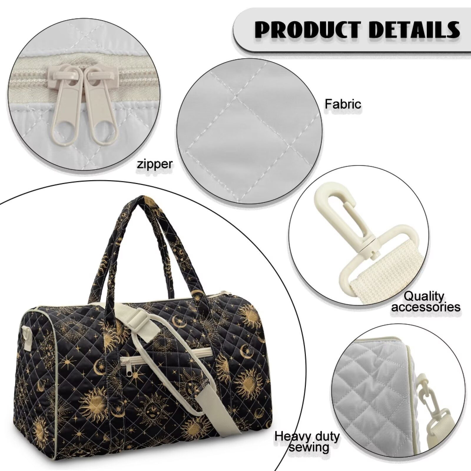 Garronmavis Black Gold Sun Moon Print Large Quilted Duffle Bag for Women, Weekender Travel Bag Carry On Overnight Bag, Cute Gym Dance Tote with Zipper Pockets
