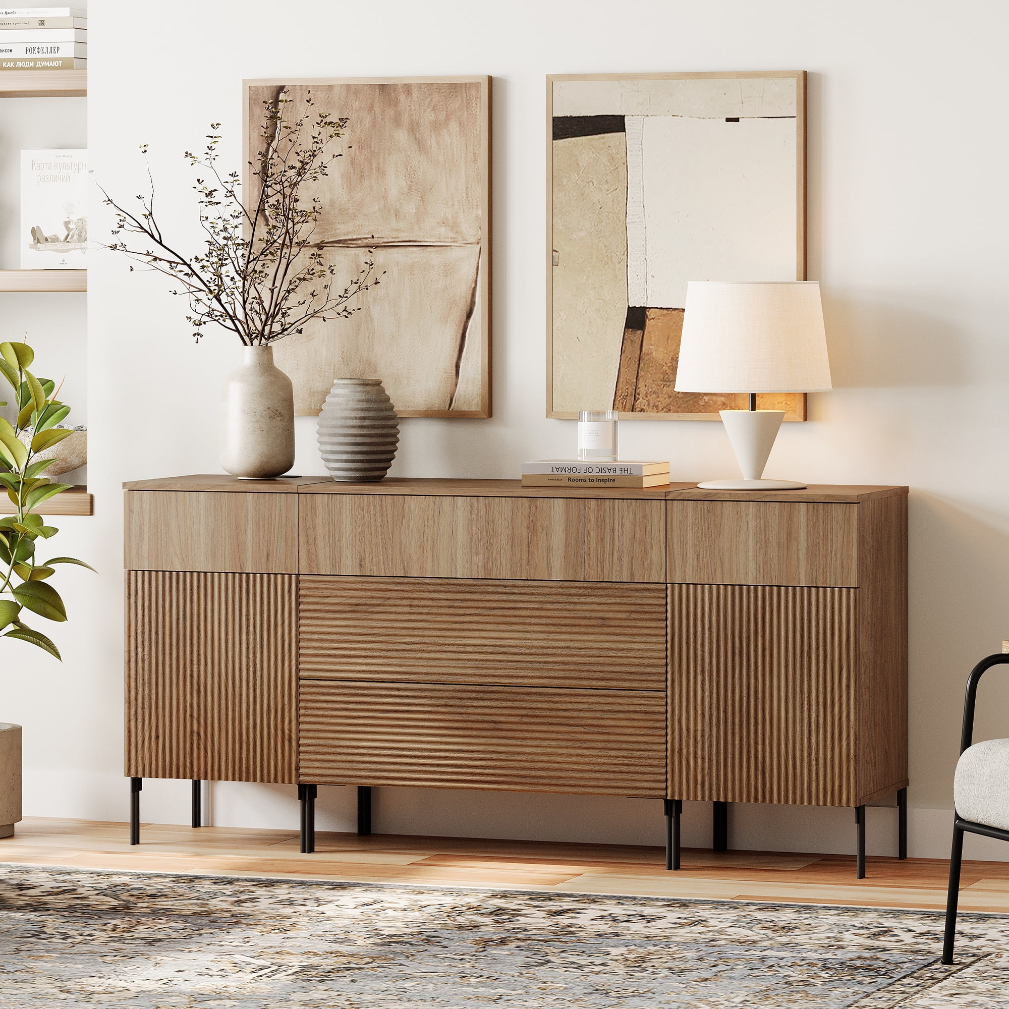 63" Reeded Accent Cabinet Set with Doors and Drawers, Modern Credenza Storage Cabinet with Charging Station for Living Room, Kitchen, Dining Room, Hallway