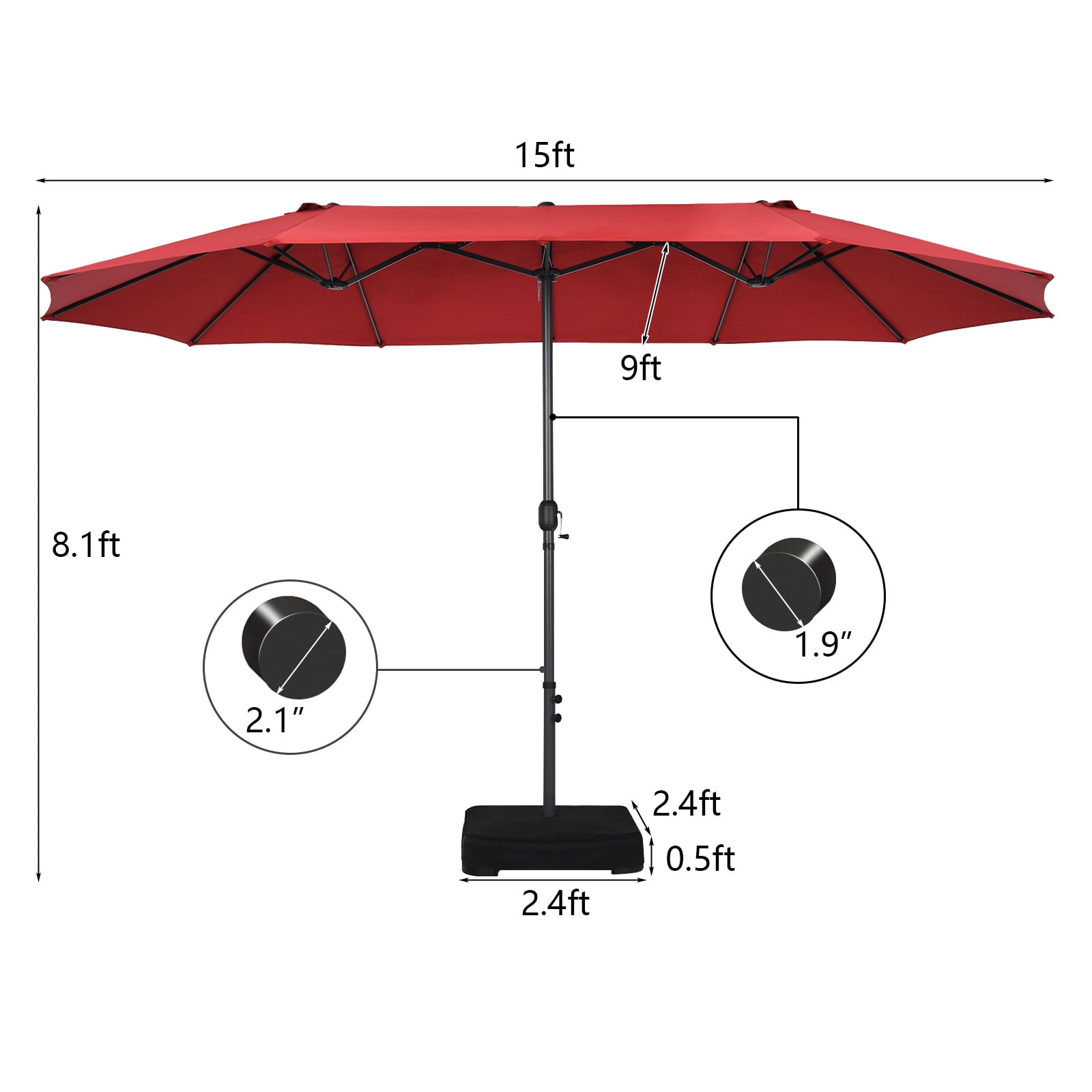 Patiojoy 15FT Double-Sided Twin Patio Umbrella with Base Extra-Large Market Umbrella for Outdoor Red