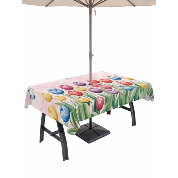Outdoor Tablecloths with Umbrella Hole & Zipper, Easter Tulip 60 x102 Inch Rectangle Tablecloths, Colorful Flower Spring Butterfly Plant Pink Waterproof Table Cloth, Patio/Pool/Picnic Table Covers