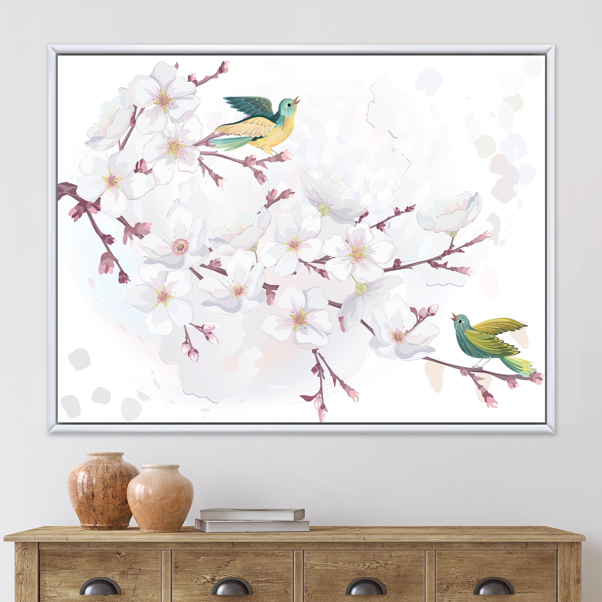 Designart 'Blossoming Cherry Tree and Birds' Traditional Framed Canvas Wall Art Print